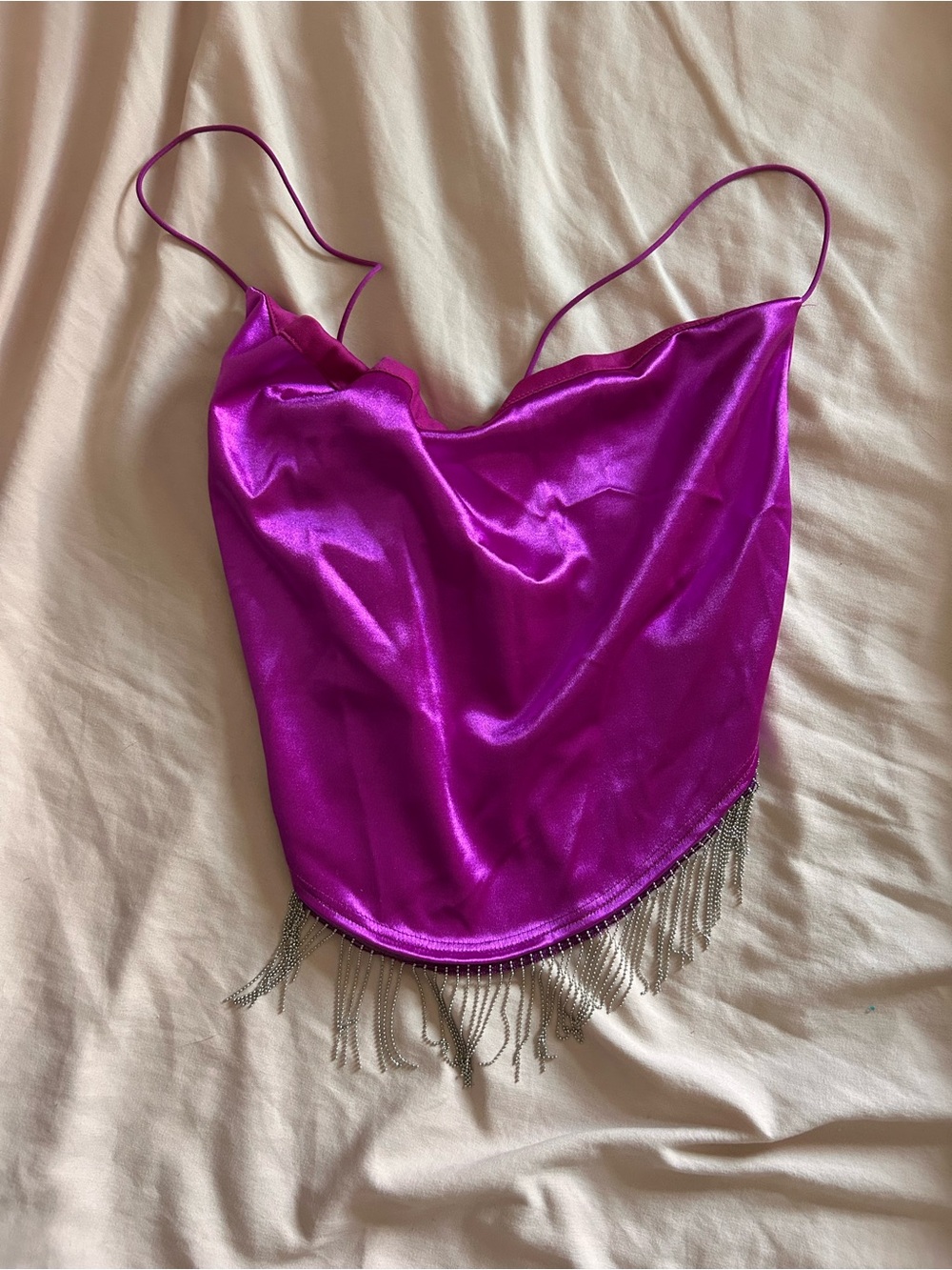 Windsor Fuchsia Satin Cowl Neck Fringe Camisole